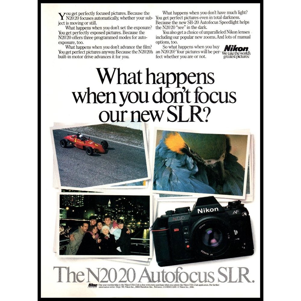 1986 Nikon N2020 AF SLA Camera Vintage Print Ad Film Photography Parrot Wall Art